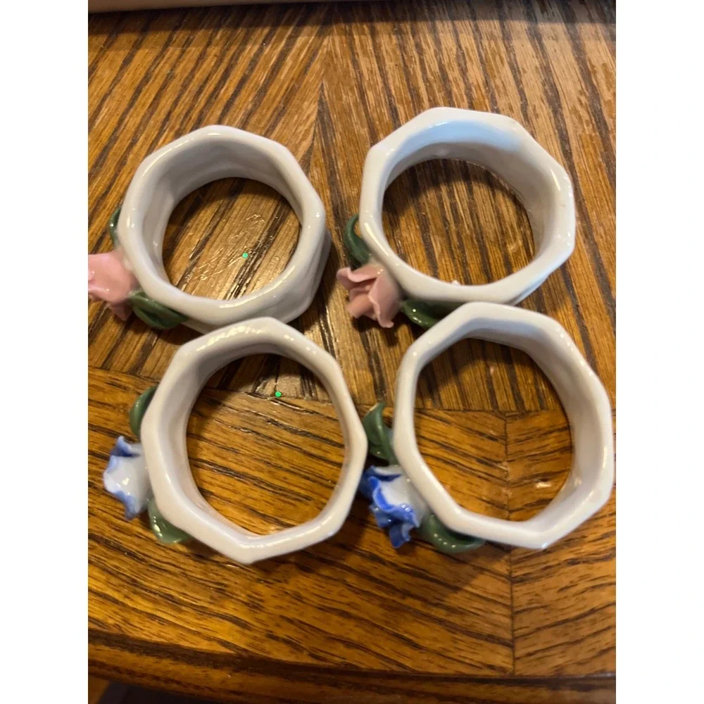 Vintage Ceramic Rose Napkin Rings Set of 4 Pink Blue Floral‎ Porcelain Octagonal